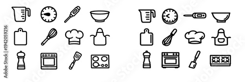 Set of kitchen and cooking line icons including chef hat apron oven spatula whisk and measuring cup for culinary design projects
