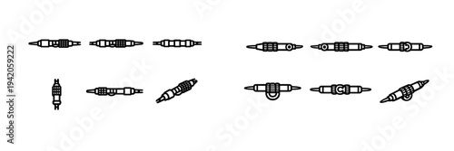 Set of electronic connector icons and audio jack plugs for technical hardware design and industrial equipment interface