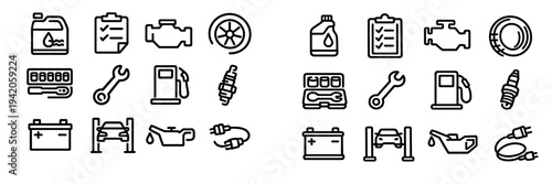 Car service and automotive maintenance line icon set featuring engine oil battery wrench and garage tools for vehicle repair