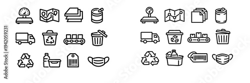 Logistics and recycling line icon set with delivery truck waste management symbols and sustainable packaging elements