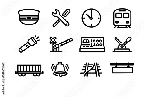 Set of railway and train transportation icons featuring locomotive equipment maintenance tools and station symbols on white background