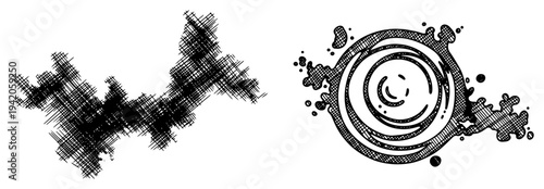 Abstract hand drawn ink circle and cross hatching texture elements for graphic design