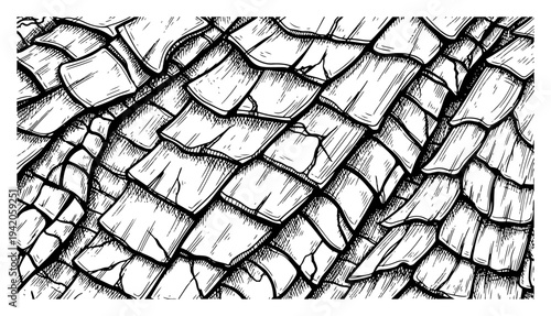 Detailed texture of dragon scales or cracked lizard skin in vintage woodcut engraving style