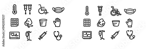 Medical icons set including thermometer wheelchair face mask pills syringe stethoscope and heart monitor for healthcare and hospital use