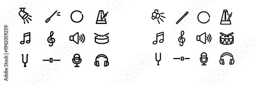 Set of music and audio performance line icons including microphone headphones musical notes and spotlight on white background