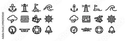 Nautical and maritime icon set featuring anchor lighthouse wave ship wheel lifebuoy and navigation equipment in line art style