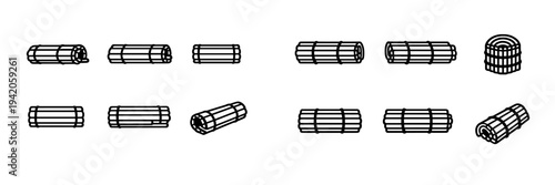 Set of rolled bamboo sushi mats in various angles and perspectives for kitchen and cooking design elements isolated on white background