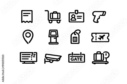 Set of airport and travel icons including luggage cart boarding pass security camera and gate sign for transportation design