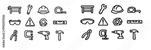 Set of construction and carpentry tool icons including hammer wrench drill hard hat and safety equipment for building projects