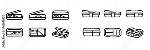 Minimalist black line icons of plastic food containers and lunch boxes shown from different perspectives on a white background