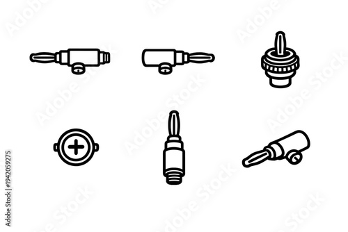 Set of banana plug electrical connectors and audio jack components in minimalist line art style for electronic equipment design