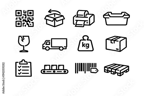 Logistics and shipping line icon set featuring delivery truck barcode pallet and warehouse storage symbols on white background