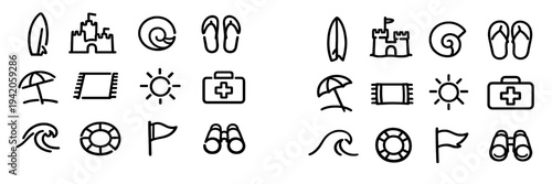 Minimalist beach and summer vacation line icons featuring surfboard sandcastle seashell flip flops sun umbrella wave and lifebuoy