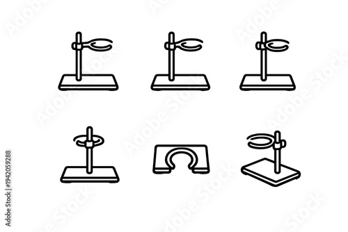Set of laboratory retort stand icons for chemistry and science experiments in various angles and perspectives