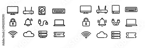 Collection of technology and computer hardware line icons including monitor router keyboard laptop and cloud storage symbols on white