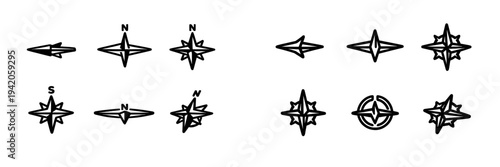 Collection of black and white compass rose icons and wind rose symbols for navigation and cartography design elements on white background