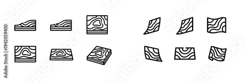 Set of wood grain texture icons and timber material symbols for construction and interior design projects on white background