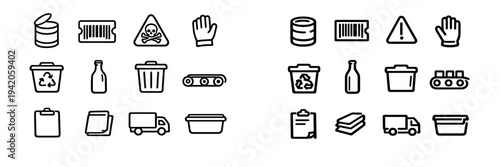 Waste management and recycling logistics icon set featuring trash bins delivery truck and safety symbols on white background