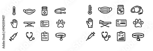 Veterinary medical equipment icons for pet care including stethoscope syringe thermometer paw print and medicine bottle on white background