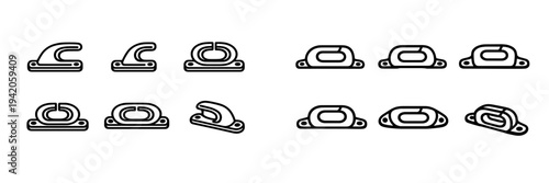 Collection of marine fairlead and boat cleat icons for nautical deck hardware and mooring equipment design