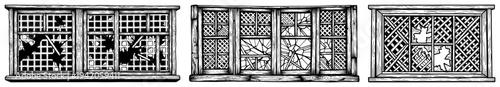 Illustration of old broken wooden windows in an abandoned building