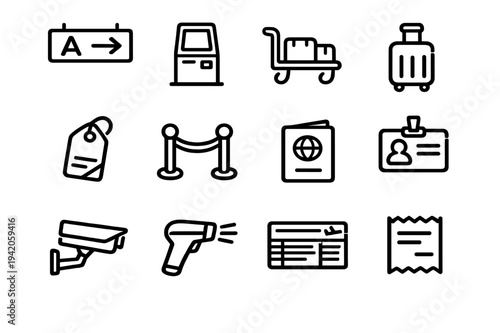 Set of airport and travel icons including luggage passport security camera and boarding pass on white background
