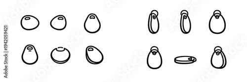Set of black line icons representing electronic proximity key fobs and RFID security tags from multiple angles on a white background