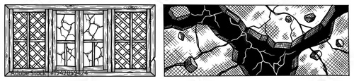 Set of hand drawn illustrations showing broken windows and cracked ground ruins