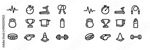 Fitness and gym equipment line icon set featuring dumbbell kettlebell stopwatch treadmill jump rope water bottle and trophy on white