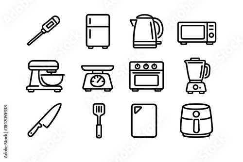 Set of kitchen appliance and cooking tool icons including refrigerator microwave blender and air fryer on white background