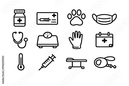 Veterinary medicine and pet care icon set featuring medical tools and animal paw print on white background