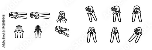 Professional crimping tool icons for electrical work and wire stripping including various hand pliers and cable cutters