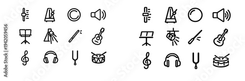 Music and audio equipment line icons set featuring guitar headphones metronome treble clef drum and speaker symbols for studio production