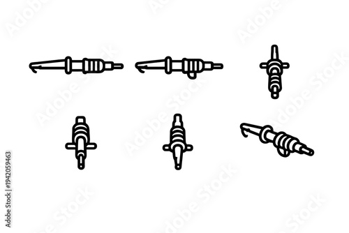 Automotive spark plug icons set from different perspectives for vehicle engine maintenance and mechanical repair services