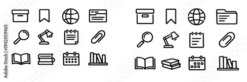 Set of and library icons featuring books desk lamp calendar globe and magnifying glass for business and education projects