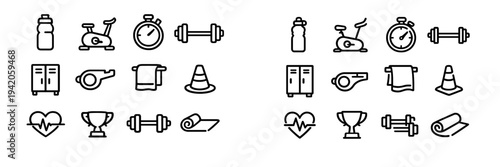 Fitness and gym equipment line icons set including barbell dumbbell stopwatch water bottle yoga mat trophy and exercise bike