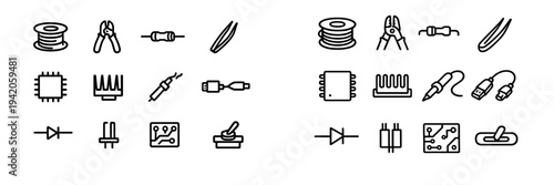 Electronic components and soldering tools line icons set with microchip resistor circuit board and soldering iron for engineering hardware