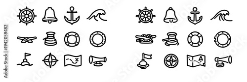 Nautical and maritime line icon set featuring anchor ship wheel compass map and lifebuoy symbols for sailing and ocean navigation