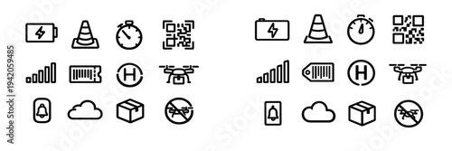 Set of black line icons representing logistics technology delivery and transportation services including drone battery and signal symbols