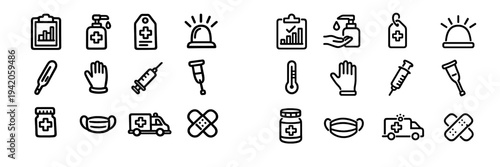 Medical and healthcare line icon set featuring ambulance syringe thermometer face mask bandage and hand sanitizer on white background