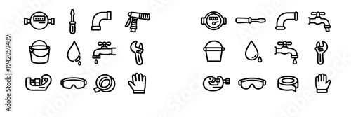 Plumbing and water supply line icons featuring tools like wrench faucet pipe and meter for home maintenance and repair services