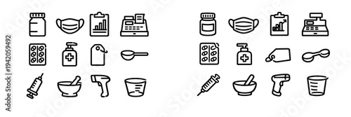 Pharmacy and medical retail line icon set including medicine bottle face mask syringe and mortar and pestle on white background