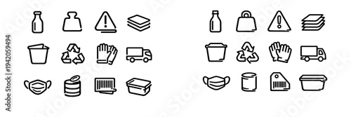 Set of minimalist black line icons representing recycling shipping logistics and safety symbols on a white background for web and graphic