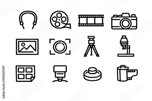 Set of photography and cinematography equipment icons including camera film reel tripod and darkroom tools for creative media production