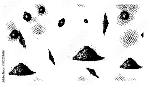 Collection of hand drawn ink textures and small sand mounds with crosshatch shading