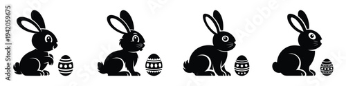 Cute Easter Bunny Silhouette Vector Set with Decorated Eggs – Black and White Rabbit Clipart for Spring Holiday Design, Cards, Crafts, Stickers, and Festive Decorations