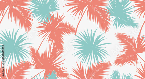 Vector palm tree pattern, tropical palm trees in coral and teal, seamless background