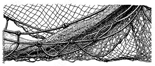 Detailed hand drawn fishing net or netting illustration with knots and ropes