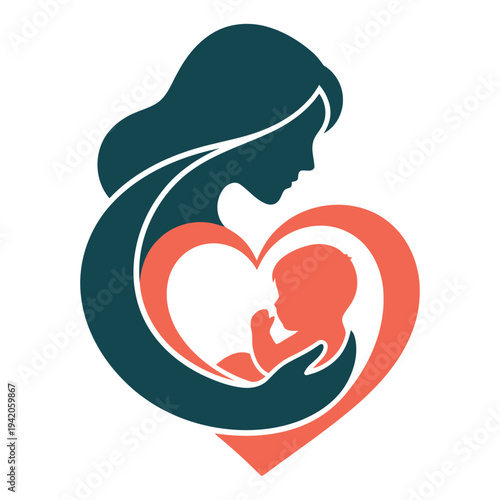 Minimalist stylized mother and child heart icon for maternal care logo
