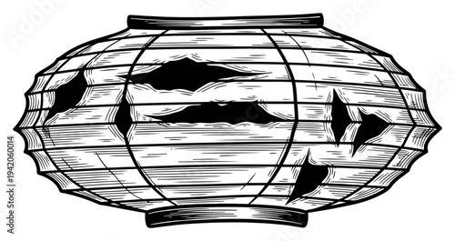 Vintage paper lantern illustration with torn holes and detailed crosshatch shading